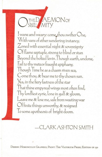 Smith, Clark Ashton. TO THE DAEMON OF SUBLIMITY. Limited ed broadside.